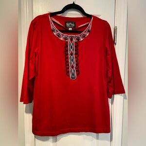 Bob Mackie Size L Red Embellished Embroidered Button Cotton 3/4 Sleeve Tunic Top